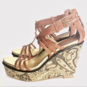 Nine West Brown Leather Platform Wedge Sandals 9